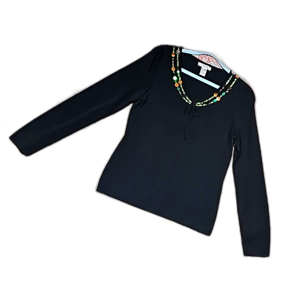 Embellished V-neck Long Sleeve Blouse Black Size Medium Dense Knit Bow Detail
